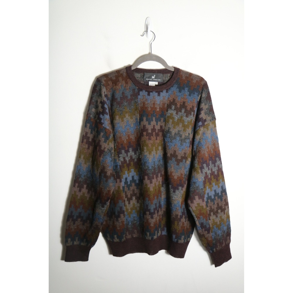 Peruvian Connection Mens 100% Alpaca Geometric Sweater L 90s Gorpcore Grandpa